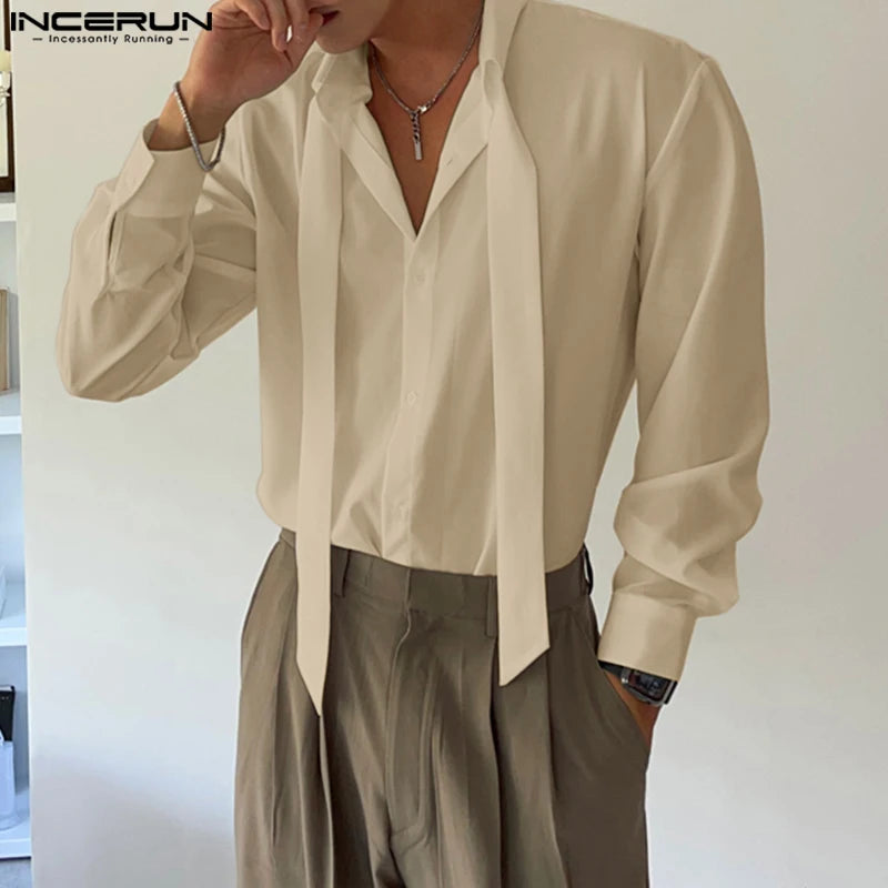 Handsome Well Fitting Tops INCERUN Men's Deconstructive Design Lace Up Shirts Casual Solid Comfortable Lapel Long Sleeved Blouse