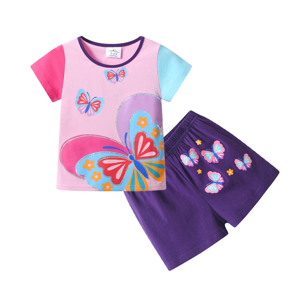 DXTON 2pcs Suit Summer Girls Set Patchwork Blouse Short Sleeve Tops+Shorts Pants  Butterflies Toddler School Wear Clothing Sets