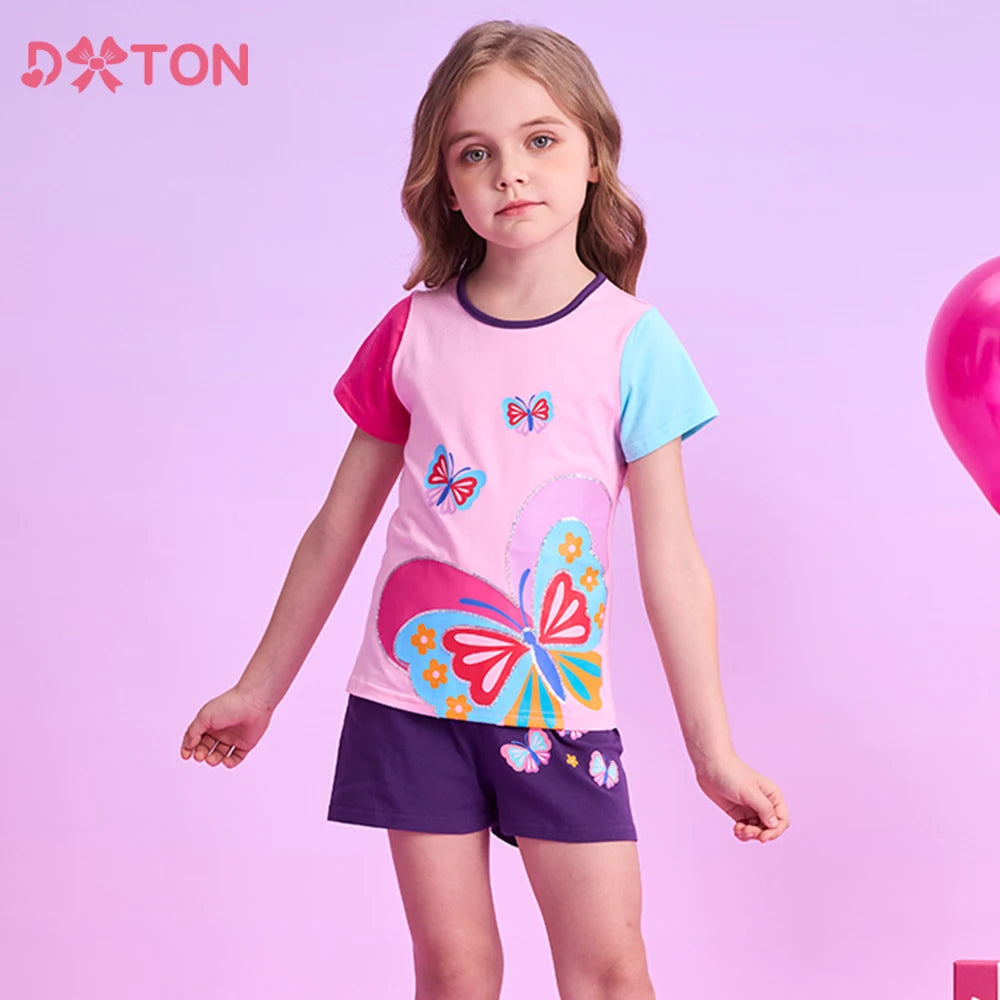 DXTON 2pcs Suit Summer Girls Set Patchwork Blouse Short Sleeve Tops+Shorts Pants  Butterflies Toddler School Wear Clothing Sets