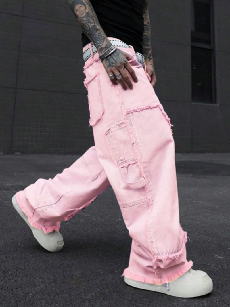 Pink Frayed Wide-Leg All-Season Cargo Denim Jeans