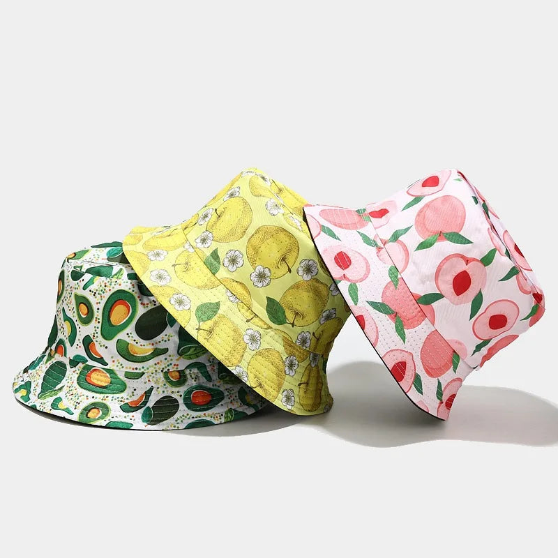 New Creative Fruit Pattern Fisherman's Hat Unisexdouble Sided Bucket Cap Uv Protection Panama Sun Caps for Girls Beach Hats