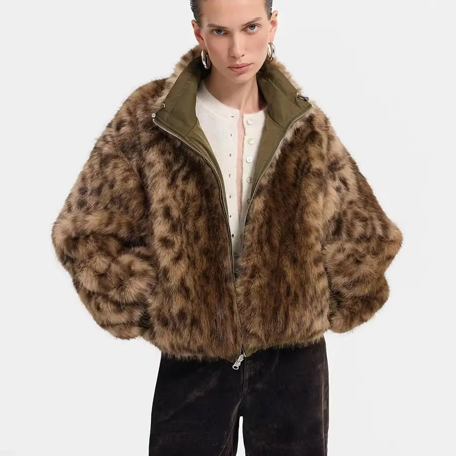 Women Reversible Leopard Print Faux Fur & Olive Nylon Cropped Jacket, Stand Collar Full Zip, Winter Warm Street Commuter