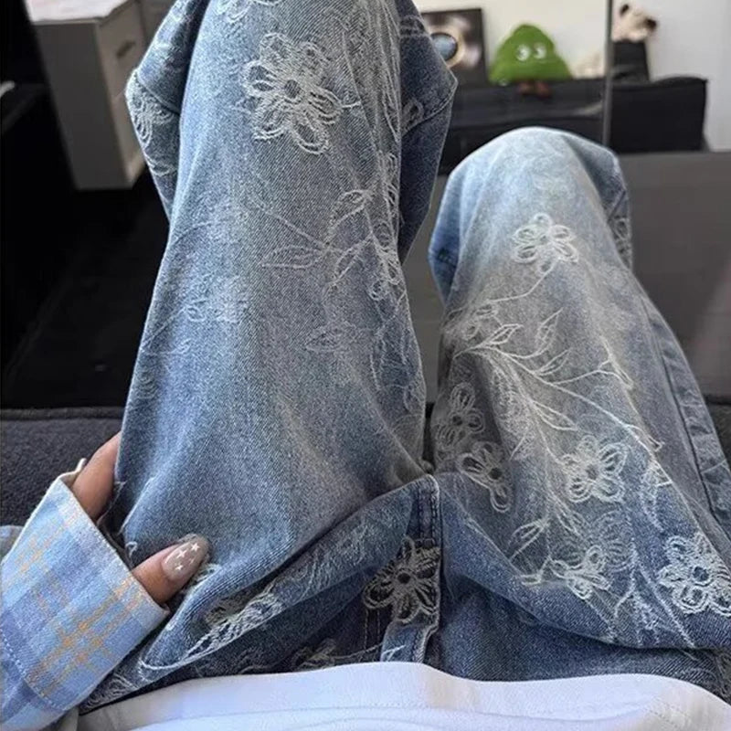 High Street Floral Jacquard Embroidered Baggy Jeans For Man Y2K Vintage Straight Denim Pants Hip Hop Fashion Curved Jean