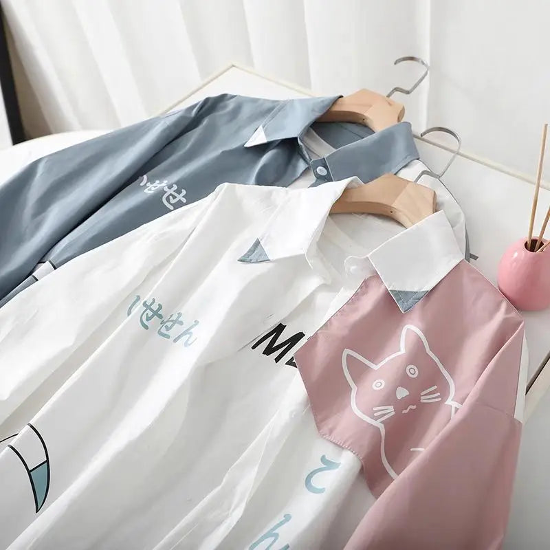 New 2025 Preppy Style Youth Loose Long Sleeved Shirt for Man Spring and Autumn Shirts Men Japanese Cartoon Cat Shirt Couples