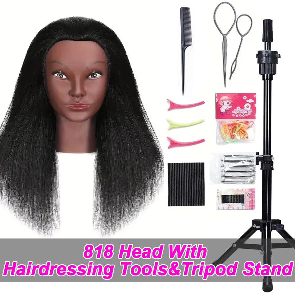 Mannequin Head With Human Hair 100% Real Hair Cosmetology Doll Head With Free Tripod Stand 18'Training Doll Head For Hairdresser