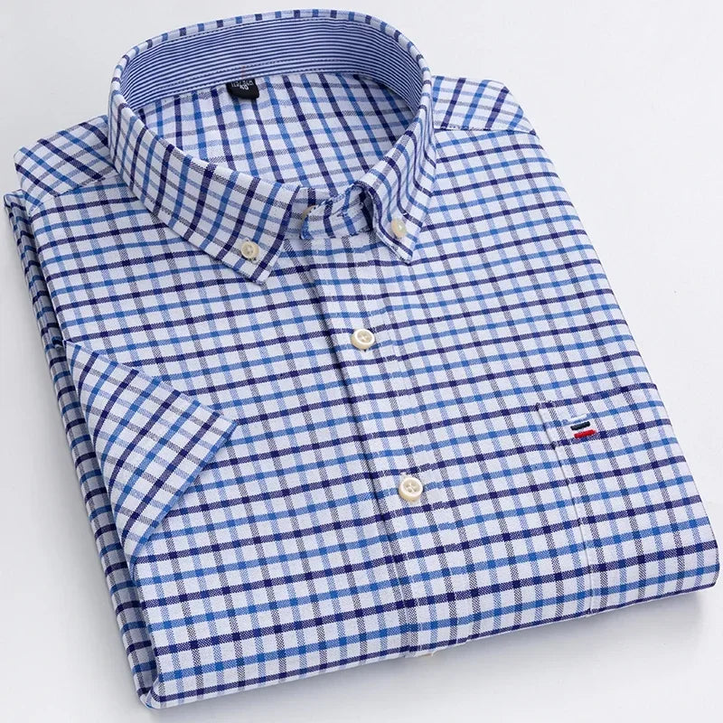 Plus Size 7XL 100% Cotton Oxford Summer Casual Short Sleeve Shirts for Men Soft Slim Fit Formal Plain Shirt White Plaid Clothes