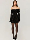 Elegant Lace Off-Shoulder Sexy Maxi Dress Women Strapless Backless Long Sleeve Bodycon Evening Club Party Long Dress
