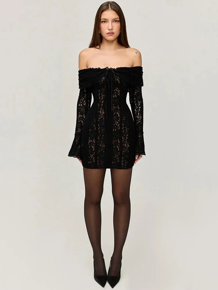 Elegant Lace Off-Shoulder Sexy Maxi Dress Women Strapless Backless Long Sleeve Bodycon Evening Club Party Long Dress