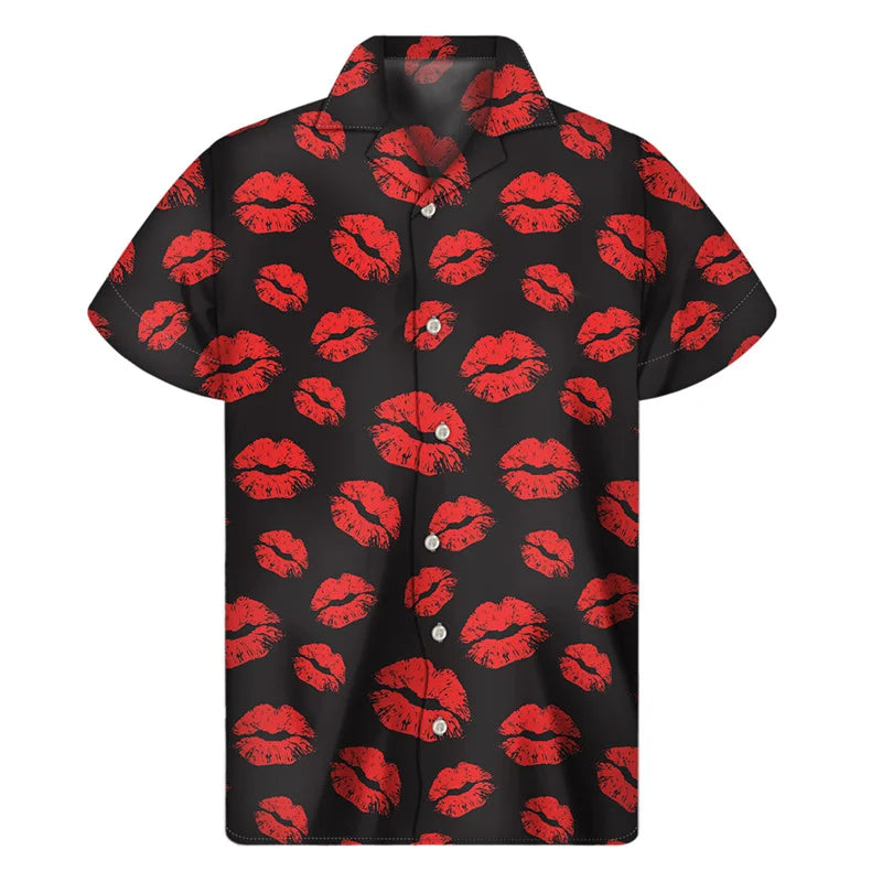 3d Printed Red Lips Pattern Hawaii Shirt For Men Women Summer Short Sleeves Button Beach Shirts Blouse Men's Lapel Aloha Shirt