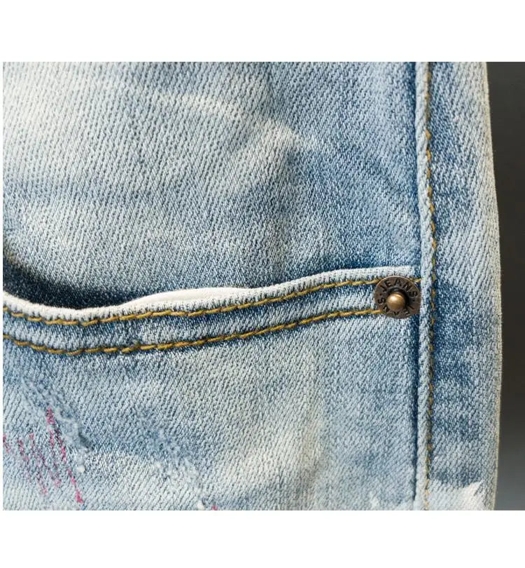 Summer Brand Luxury Men's Casual Denim Knee Length Shorts with Distressed Route Patched Stitching Streetwear Washed Short Jeans