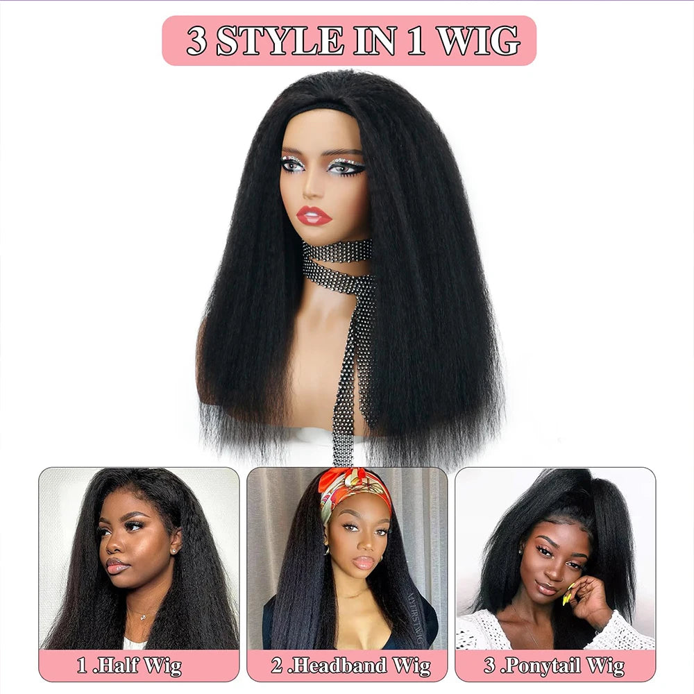 Kinky Straight Half Wig Human Hair Glueless Wig Human Hair Ready to Wear 3 IN 1 Half Wig Drawstring Yaki Glueless Half Wig