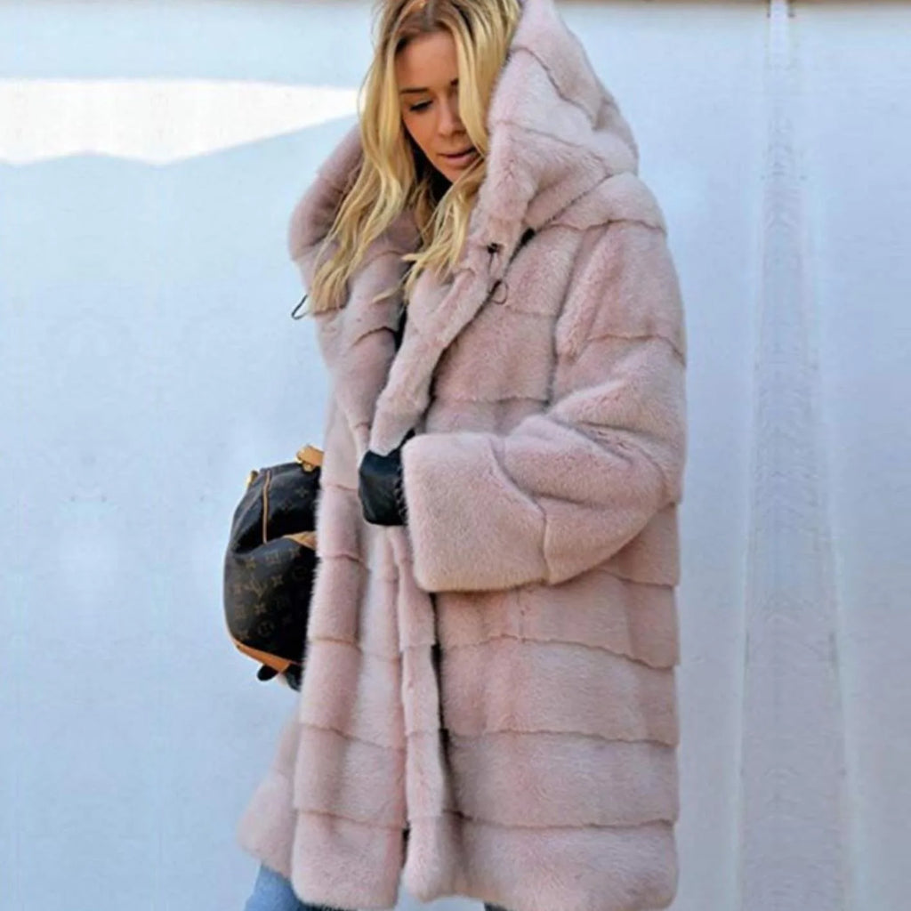 Women Warm Faux Fur Coat Vintage Solid Hoodies Midi Length Cardigan Jackets Furry Outerwear Jackets Hooded Coats Winter