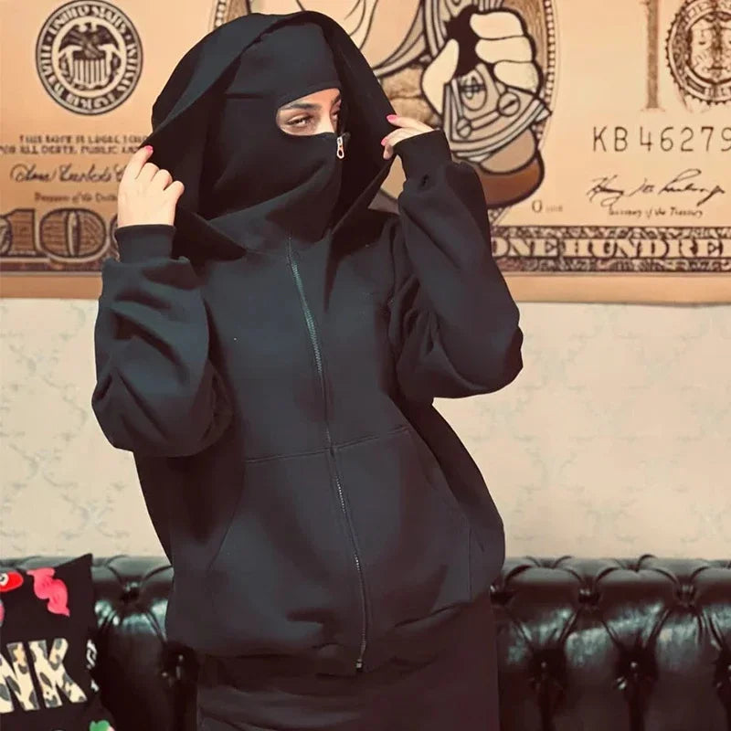 2025 Men's and Women's Balaclava Y2K Gothic Harajuku Winter Fashion Double Hooded Sportswear Men's Hooded Mask Zipper Sportswear
