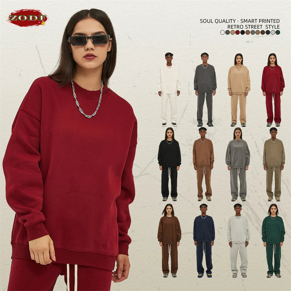 ZODF New 2025 Winter 350gsm Fleece Sweatshirts For Men Unisex Casual Loose Basic Solid O-Neck Thick Warm Pullovers HY0635