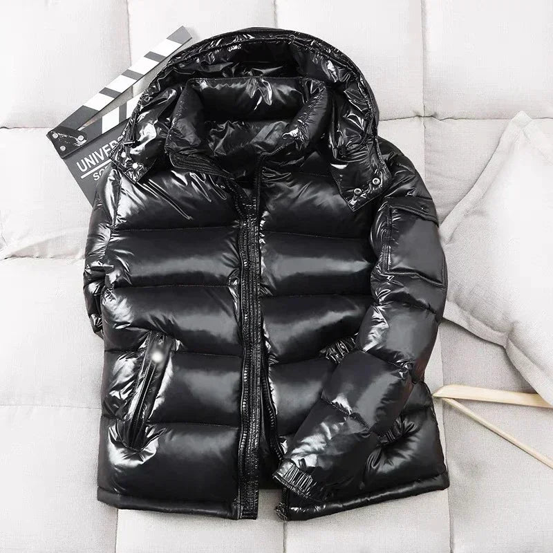 New Fashion Men Shiny Puffer Jackets Man Hooded Casual White Duck Down Coats Quality Male Outdoor Windproof Warm Jackets Size 4X