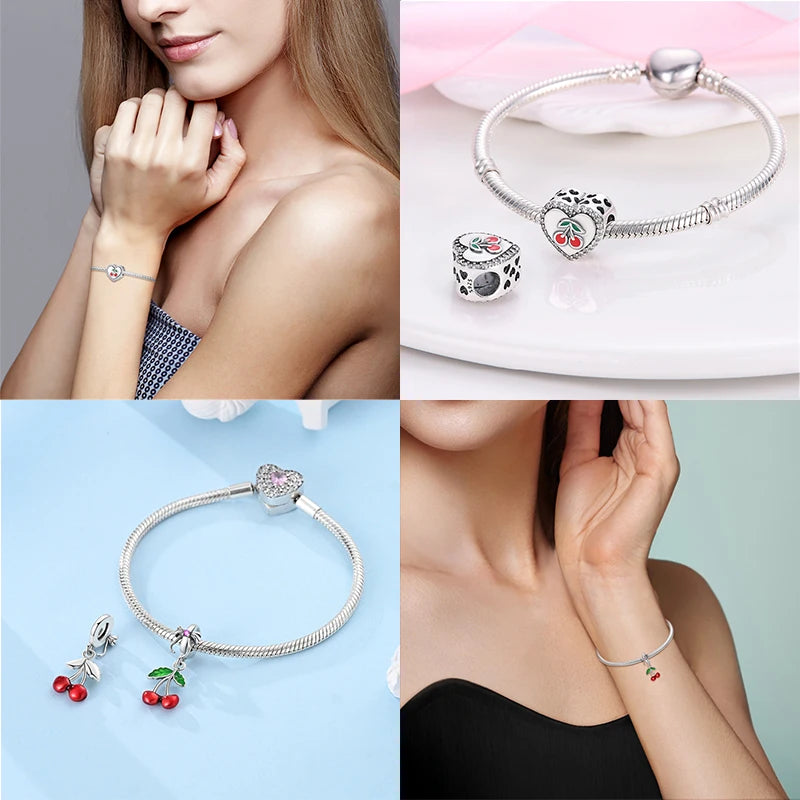 Charms Fit Pan Bracelets S925 Silver Color Strawberry Cherry Blueberries Fruit Sweet Original DIY Jewelry Birthday Fine Gifts