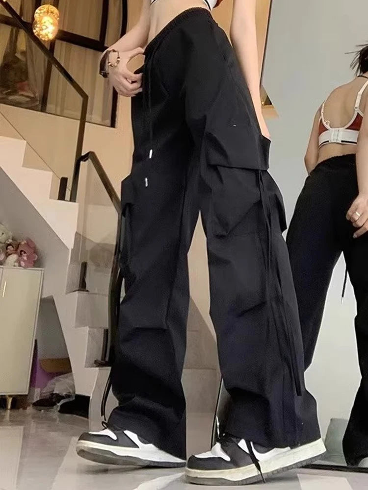 Women Korean High Waisted Slacks Lady Japanese 2000s Style Y2k Lace Up Cargo Trousers Female Yellow Pink Blue Black Joggers