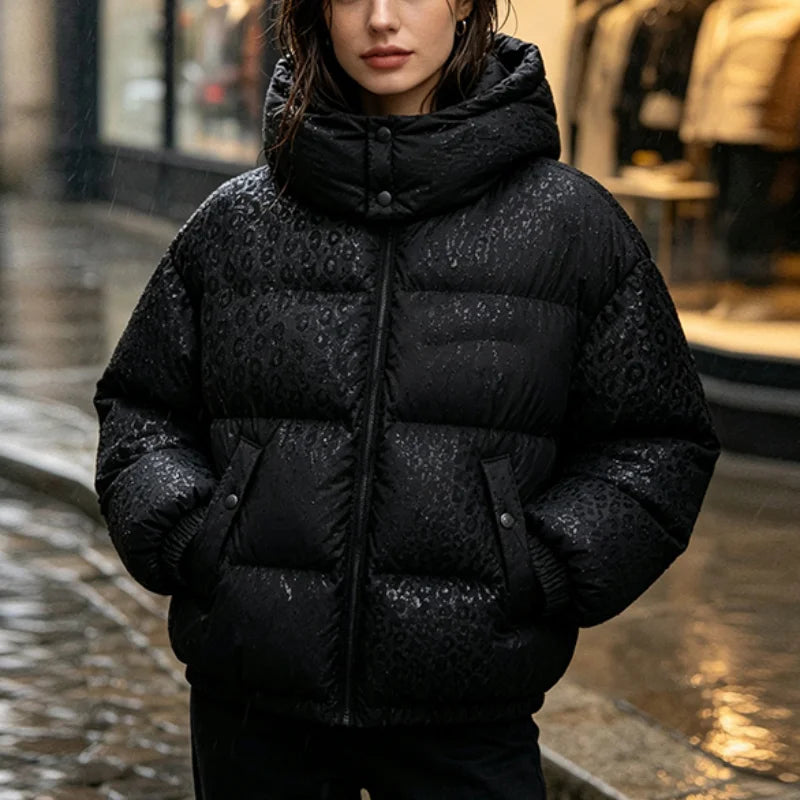 Casual Leopard Pattern Hooded Padded Coat Waterproof Fabric Zipper Long Sleeve Black Jacket Autumn Winter New Fashion Outerwear