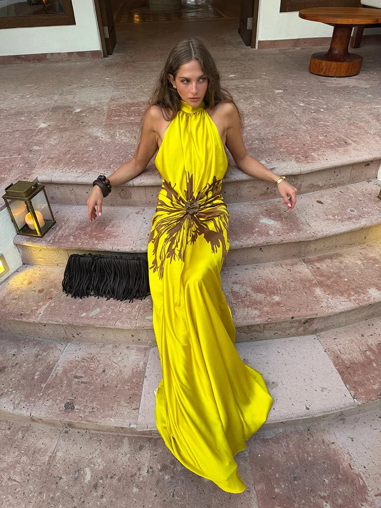 Fashion Halter Neck Sleeveless Abstract Print Maxi Dresses Ruched Waist 2026 Summer New Elegant Resort Vacation Evening Vestidos