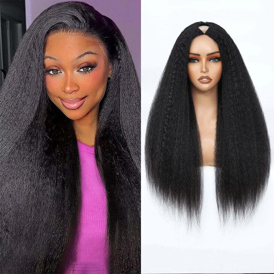 Kinky Straight U Part Wig Upgrade Glueless Wig Yaki Straight Ready To Wear Remy Human Hair Wigs V Part Wig No Lace Wig For Women