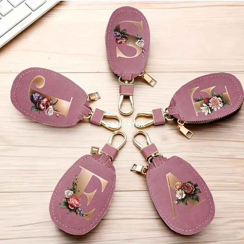 Matte rose color, unisex, 26-letter coin purse, car key gift set, PU leather car smart key bag