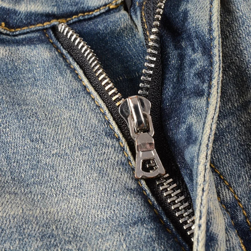 Men's Cracked Patch Biker Jeans Streetwear Patchwork Skinny Tapered Pants Vintage Stretch Denim Ripped Distressed Trousers