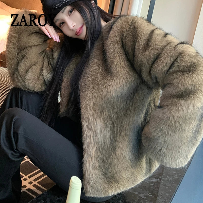 ZAROY Winter Women Faux Fur Coat Luxury Elegant O Neck Cardigan Fur Jackets Warm Shaggy Fur Overcoat Party Banquet шуба женская