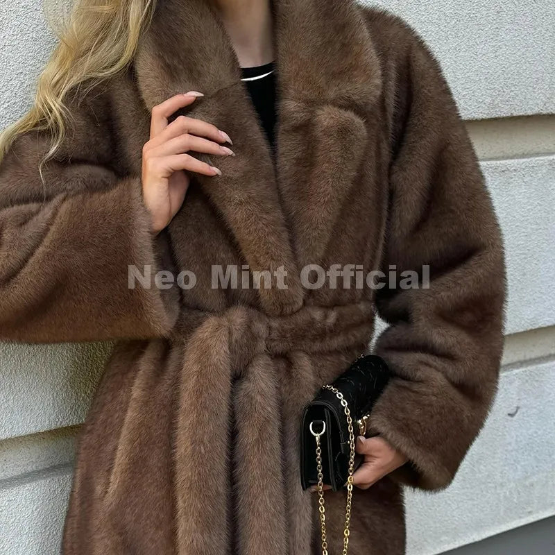 Neo Mint Belted Faux Mink Fur Coat Women 2025 Winter Beige Gradient Furry Fur Jacket Luxury Brand Hooded Warm Outerwear Overcoat