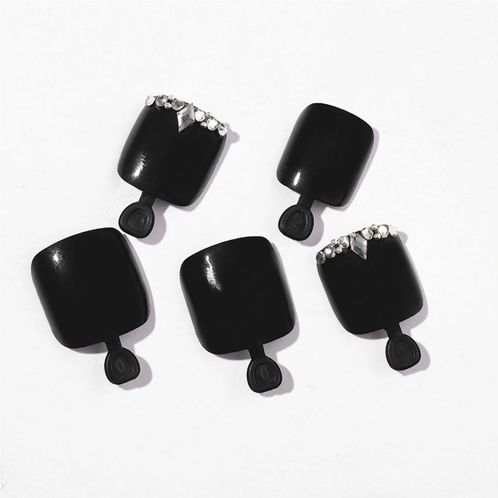 24pcs Black Fake Toenails With Rhinestones Decor Square Press On Nails Tips Long Lasting Glossy False Nails Finished Wearable