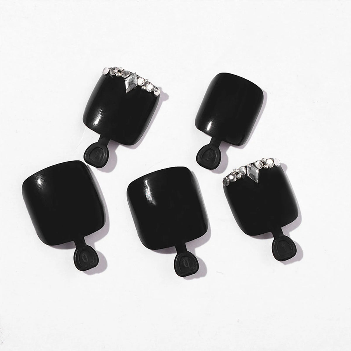 24pcs Black Fake Toenails With Rhinestones Decor Square Press On Nails Tips Long Lasting Glossy False Nails Finished Wearable