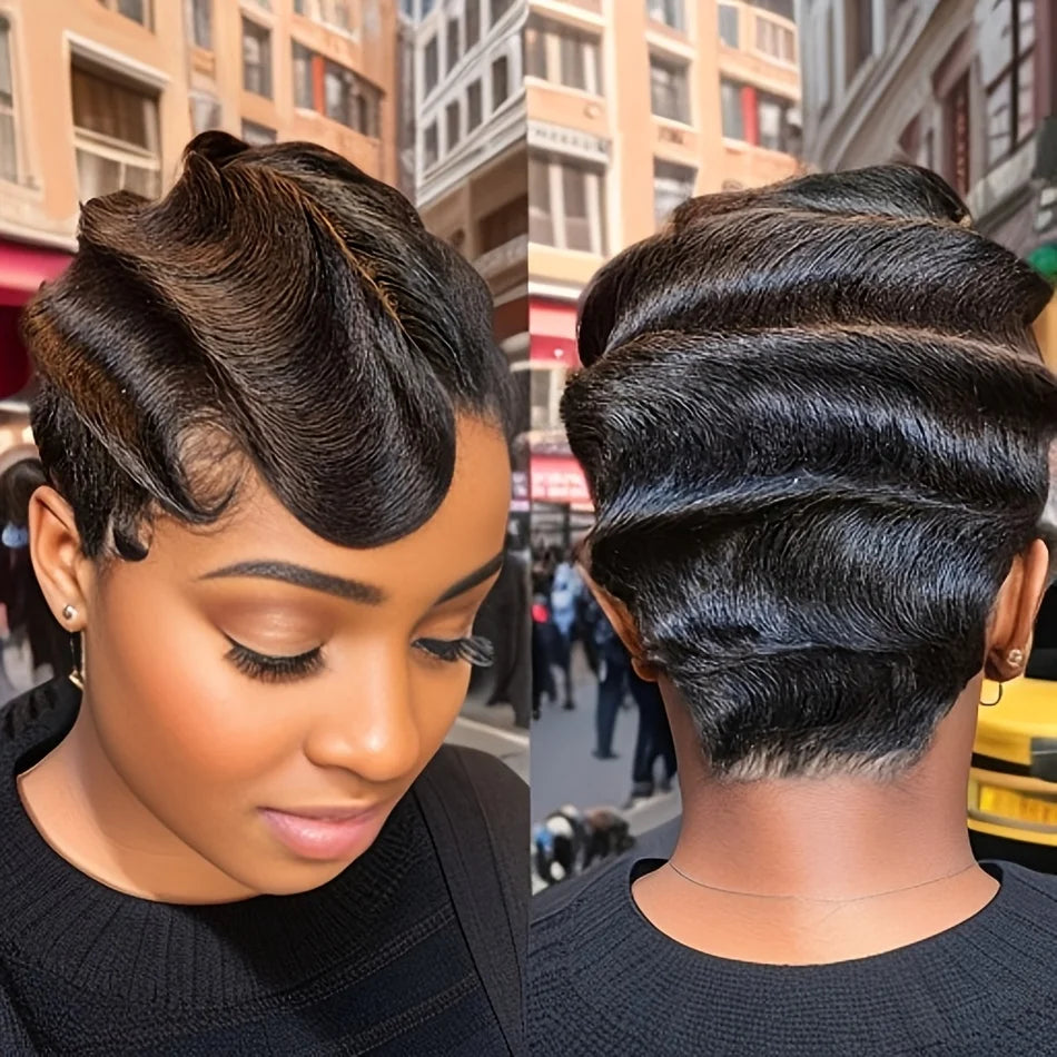 Short Finger Wave Human Wigs Remy Hair Pixie Cut Wig Human Hair Wig For Women Machine Made Wig