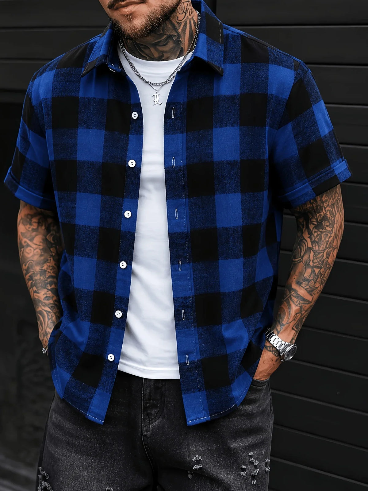 Men Multi Styles Black White Plaid Short Sleeve Shirt Lapel Loose Button Down Casual Street Vacation Camisa Masculina