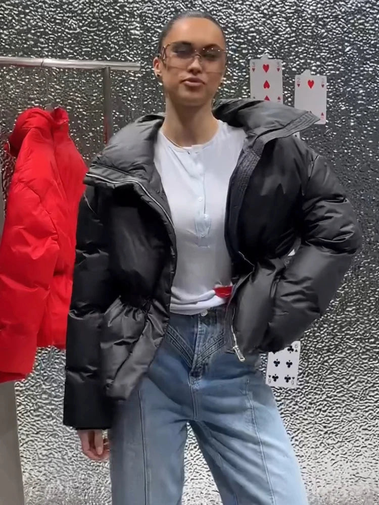 Women's Winter Jacket Hooded Short Top Cropped Drawstring Waist Coat Long Sleeve Warm Oversized Jackets Streetwear Woman Clothes