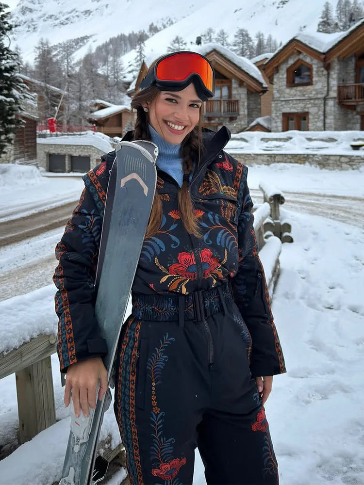 Flower Printed Women's Ski Jumpsuits Zippers Stand Collar Waist-closed Pocket Lady Rompers 2026 Autumn Winter Female Ski Wear