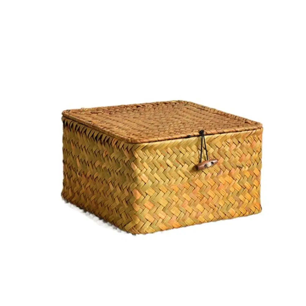 Rattan Weaving Wicker Shelf Baskets New Lid Rectangular Bin Handwoven Home Organizer Bedroom