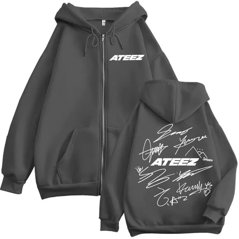 Limited Kpop ATEEZ Logo Double Sided Print Zipper Hoodie Fashion Hip Hop Zip Up Sweatshirts Men Women Casual Oversized Pullovers