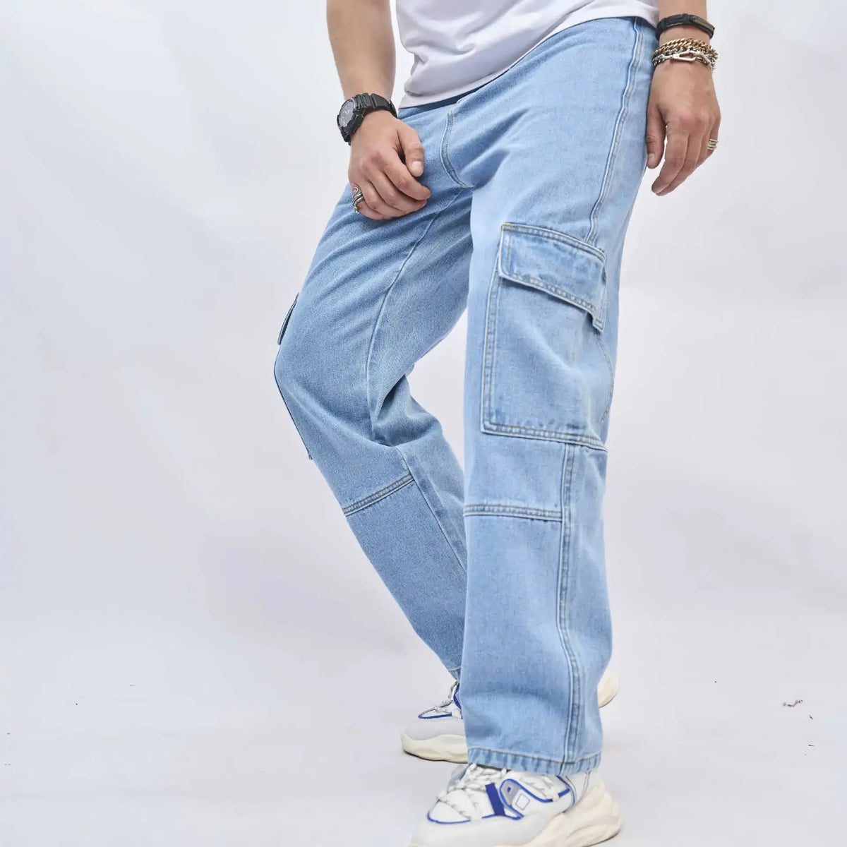 2024 Men's New Style Solid Color Multi-pocket Jeans, American Trendy Loose High Street Wide-leg Fashionable All-match Long Pants