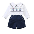 Baby Boy's 2 Pieces Summer Boutique Clothing Set Smocking Boat Design for Infant Daily Dress Toddler School Uniform Cotton Suit