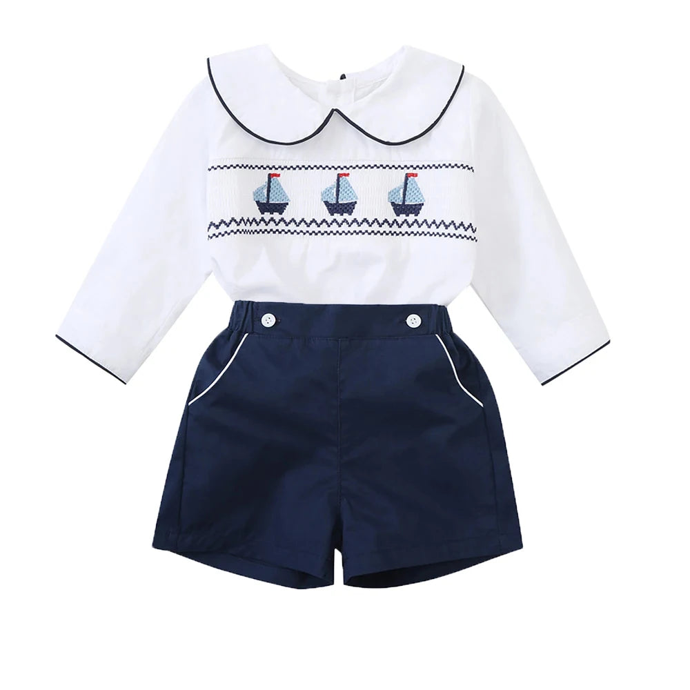 Baby Boy's 2 Pieces Summer Boutique Clothing Set Smocking Boat Design for Infant Daily Dress Toddler School Uniform Cotton Suit