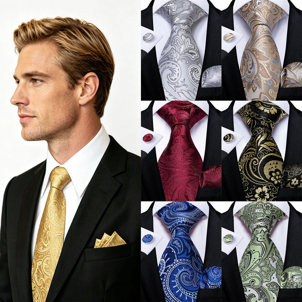 Mens Paisley Necktie 3pcs Set, Matching Pocket Square And Cufflinks, Ideal For Groom Wedding Prom Formal Events Gifting