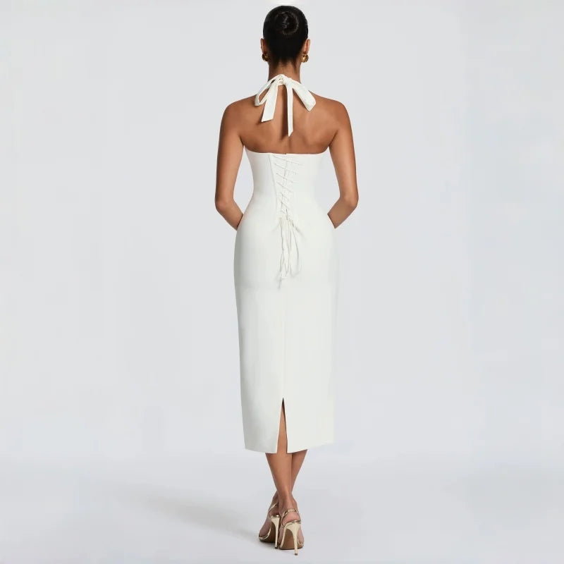 2026 Summer New White Halter Neck Lace Bustier Midi Dress Sexy Bodycon Party Dress For Birthday Prom Evening Clubwear