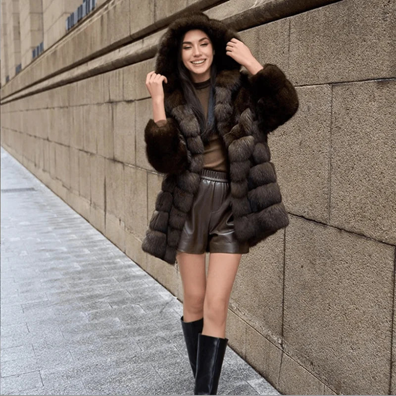 Open-front, button-down, hooded, plush women's coat, mink mid-length fur coat, winter warm windbreaker