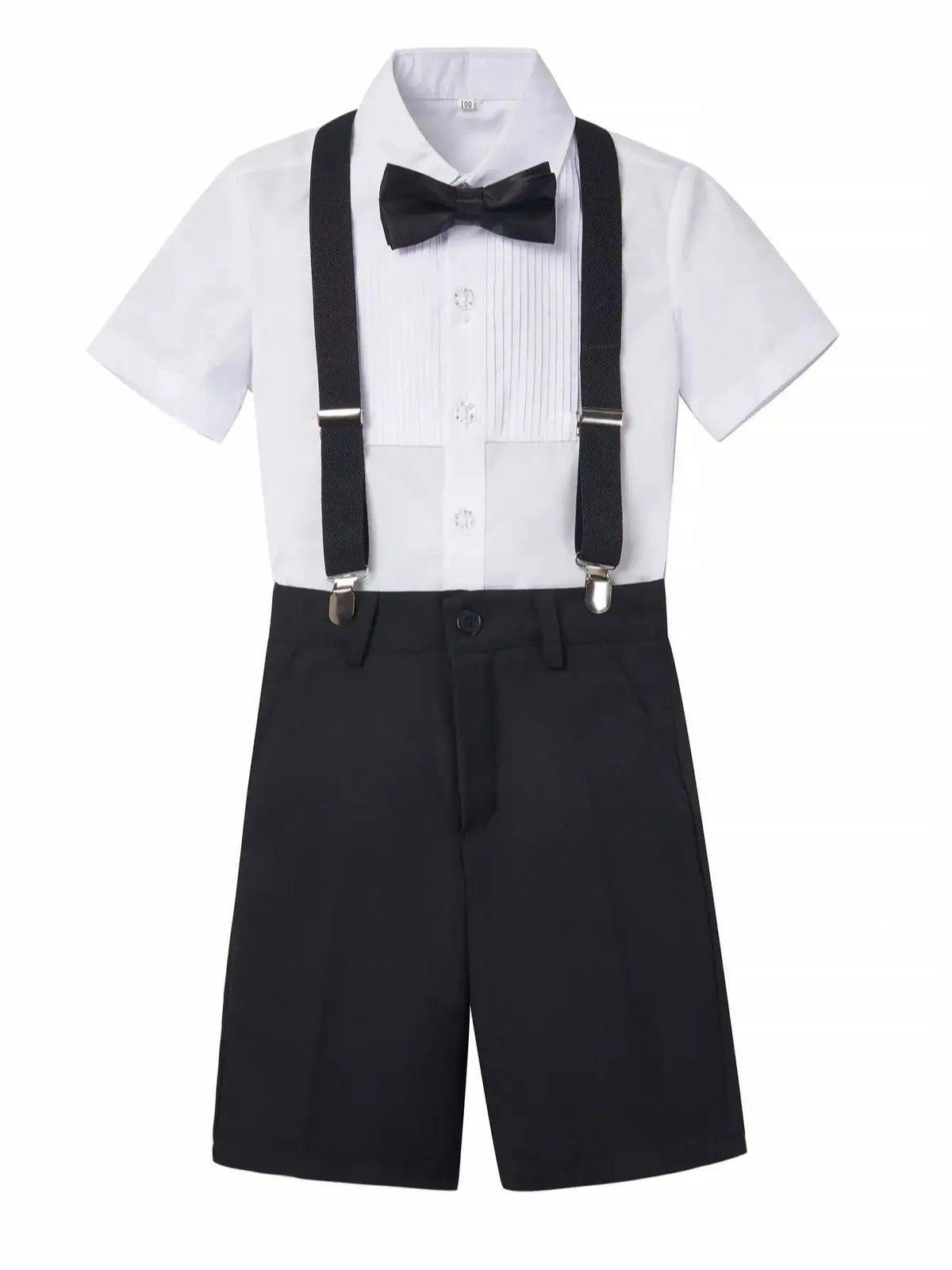 4pcs/set Boys' Short Suit Set With Short Shirt, Short Pants, Tie and Straps School Uniforms
