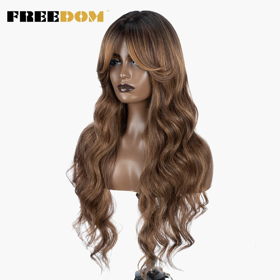 FREEDOM Synthetic Lace Wigs For Black Women Long 28 inch Body Wave Wavy Middle Part Lace Wig Ombre Blonde Brown Cosplay Wigs