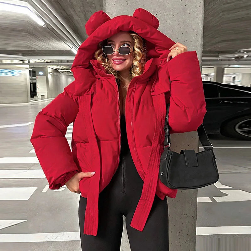 Bear Ear Hooded Women Jacket Drawstring Zippers Cropped Padded Coat Female 2026 Winter Chic Street Fashion Lady Outerwear