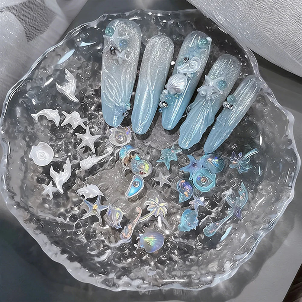 50pcs Mixed Ocean Series Nail Art Decorations White/Blue/Aurora Starfish Scallop Dolphin Nail Charm Marine DIY Manicure Supplies