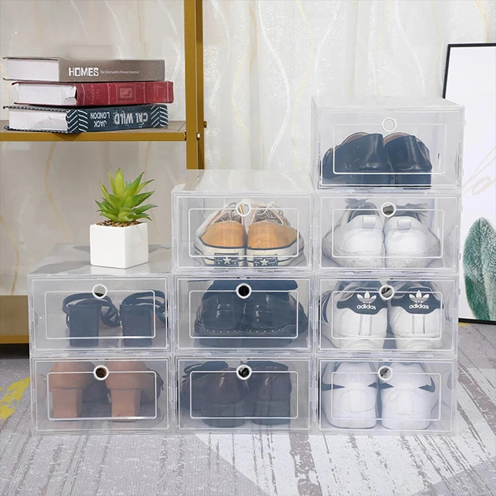6 Pack Transparent Shoe Box Shoes Organizers Thickened Foldable Dustproof Storage Box Stackable Combined Shoe Cabinet Sale