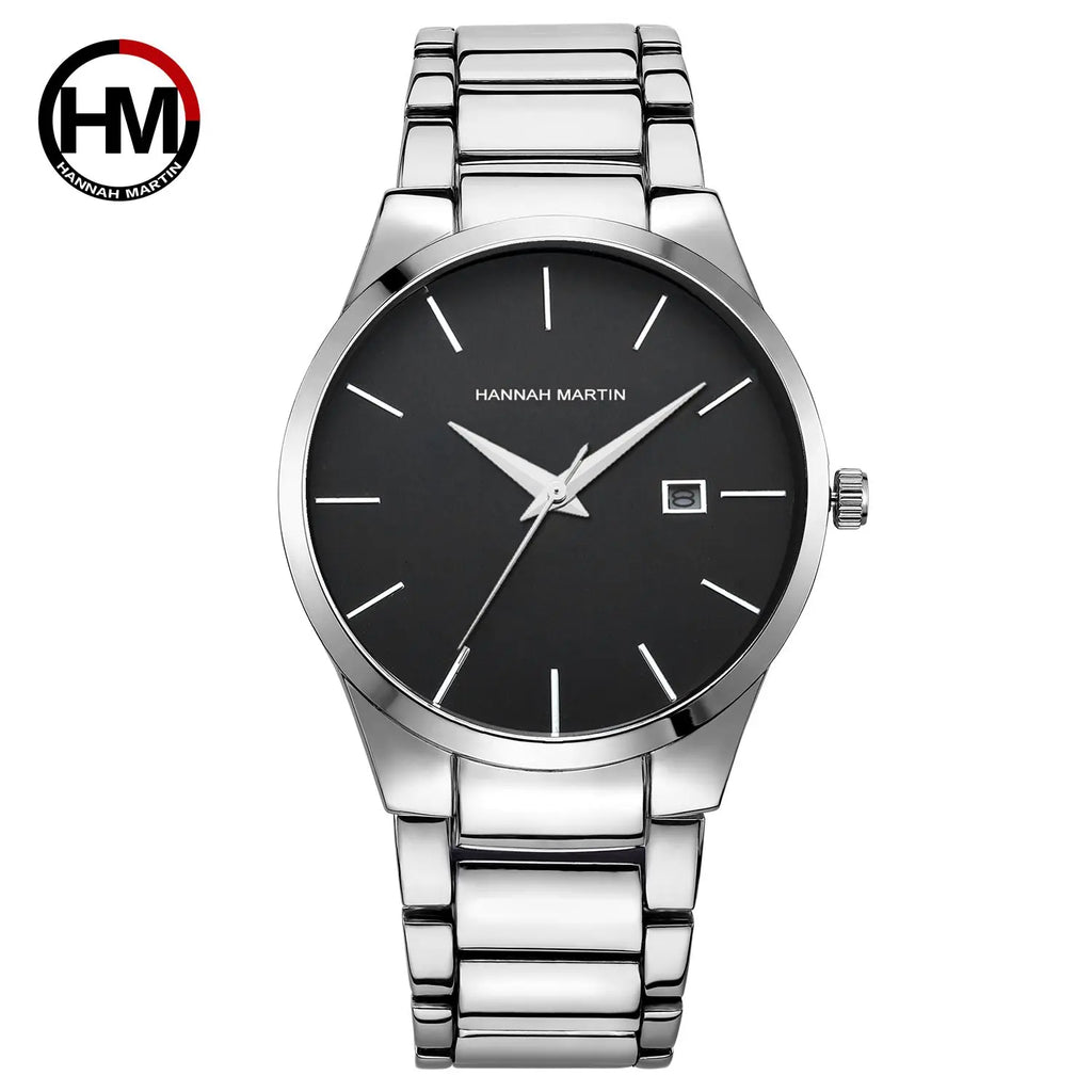 Hannah Martin Men's Stainless Steel Watch Fashion Business Style Black Minimalist Style 3Bar Waterproof Quartz Movement Watches