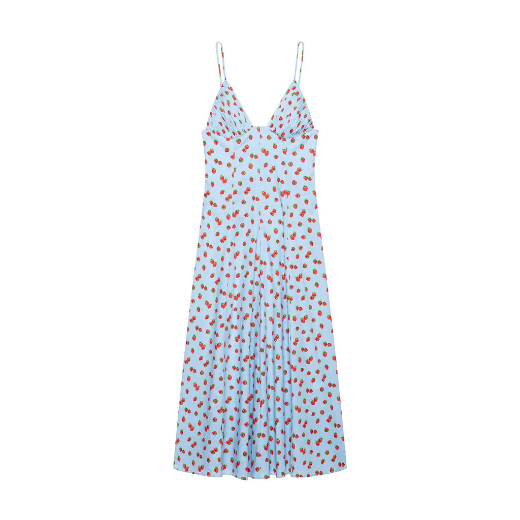 Spring Summer New Arrival Women's Fashionable Versatile V-neck Strawberry Print Strapless Dress Polyester Fiber A-line Skirt