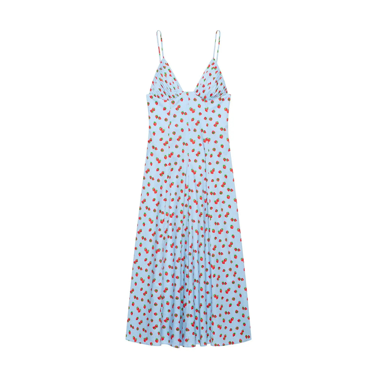 Spring Summer New Arrival Women's Fashionable Versatile V-neck Strawberry Print Strapless Dress Polyester Fiber A-line Skirt
